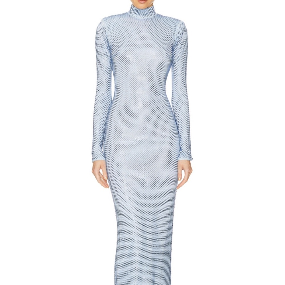New Arrivals by Ilkyaz Ozel 
Blue Bodycon Long Sleeve gown with Mock Neck